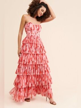 Hutch pink red print tiered Monaco strapless gown